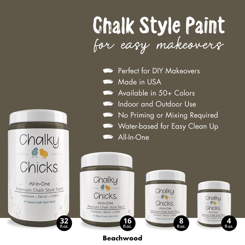 Chalky Chicks All-in-One Chalk Paint for Furniture or Cabinet - 32 Fl Oz - Matte Finish Beachwood (Brown/Gray) for Metal, Wood Furniture Paint - No Sanding All-in-One for Home Decor & Crafts, USA Made - Image 2